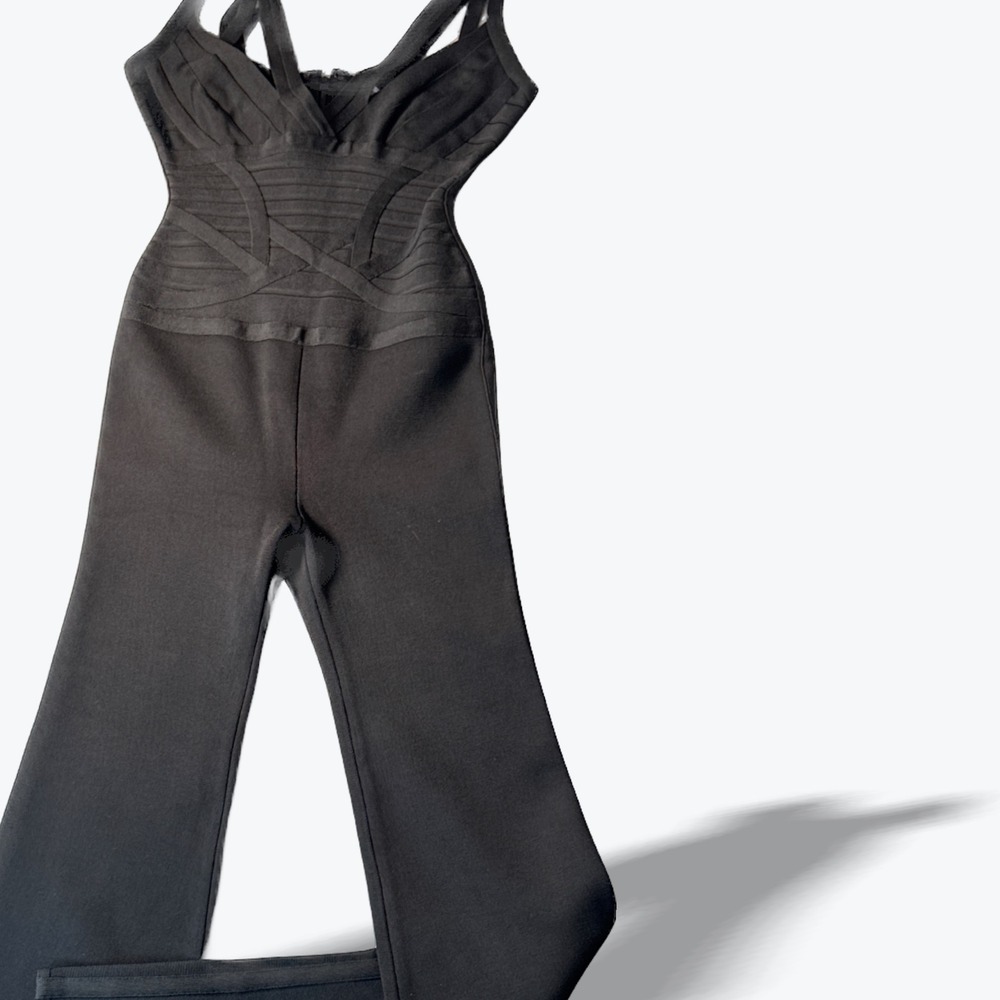 Herve Leger Max Azria Bandage Jumpsuit Black XS Wide Leg Sleeveless Bodycon - Picture 3 of 16